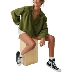 FREE PEOPLE Yucca Double Cloth Long-Sleeve Shirt - Women's -Everlaces Cloth Shop AVOTRE D9