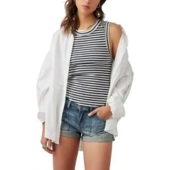 FREE PEOPLE Kate Tee Stripe Tank Top - Women's -Everlaces Cloth Shop NAVCOM D7