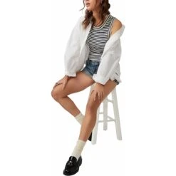 FREE PEOPLE Kate Tee Stripe Tank Top - Women's -Everlaces Cloth Shop NAVCOM D8